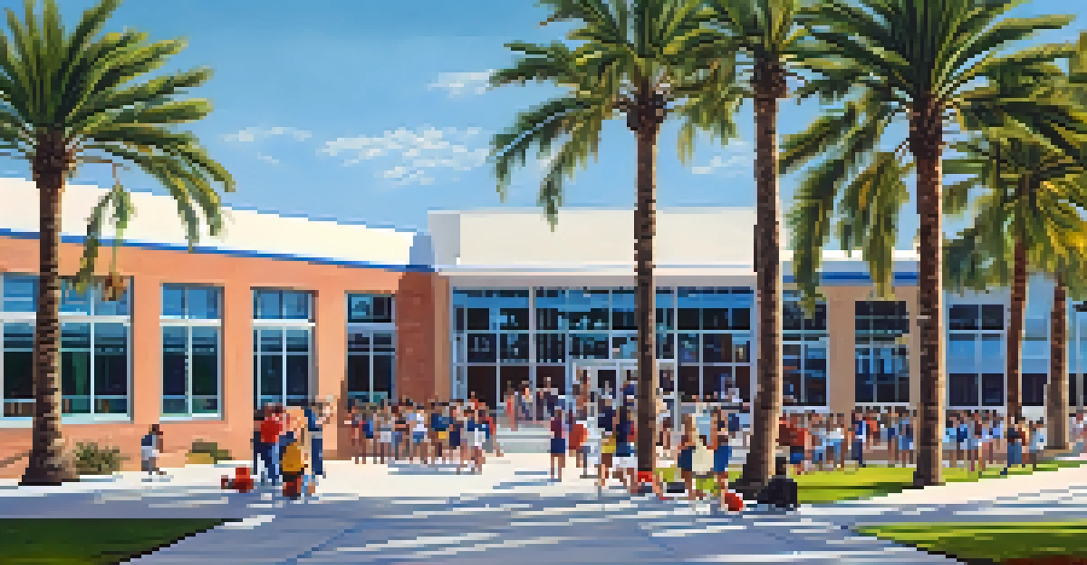 A picturesque high school campus in San Antonio, with students engaged in sports, music, and art activities under a sunny sky.