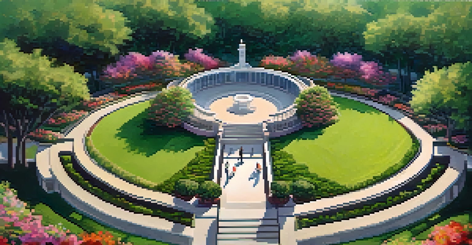 Aerial view of the Sunken Garden Theater in Brackenridge Park, surrounded by flowers and greenery with an audience enjoying a show.