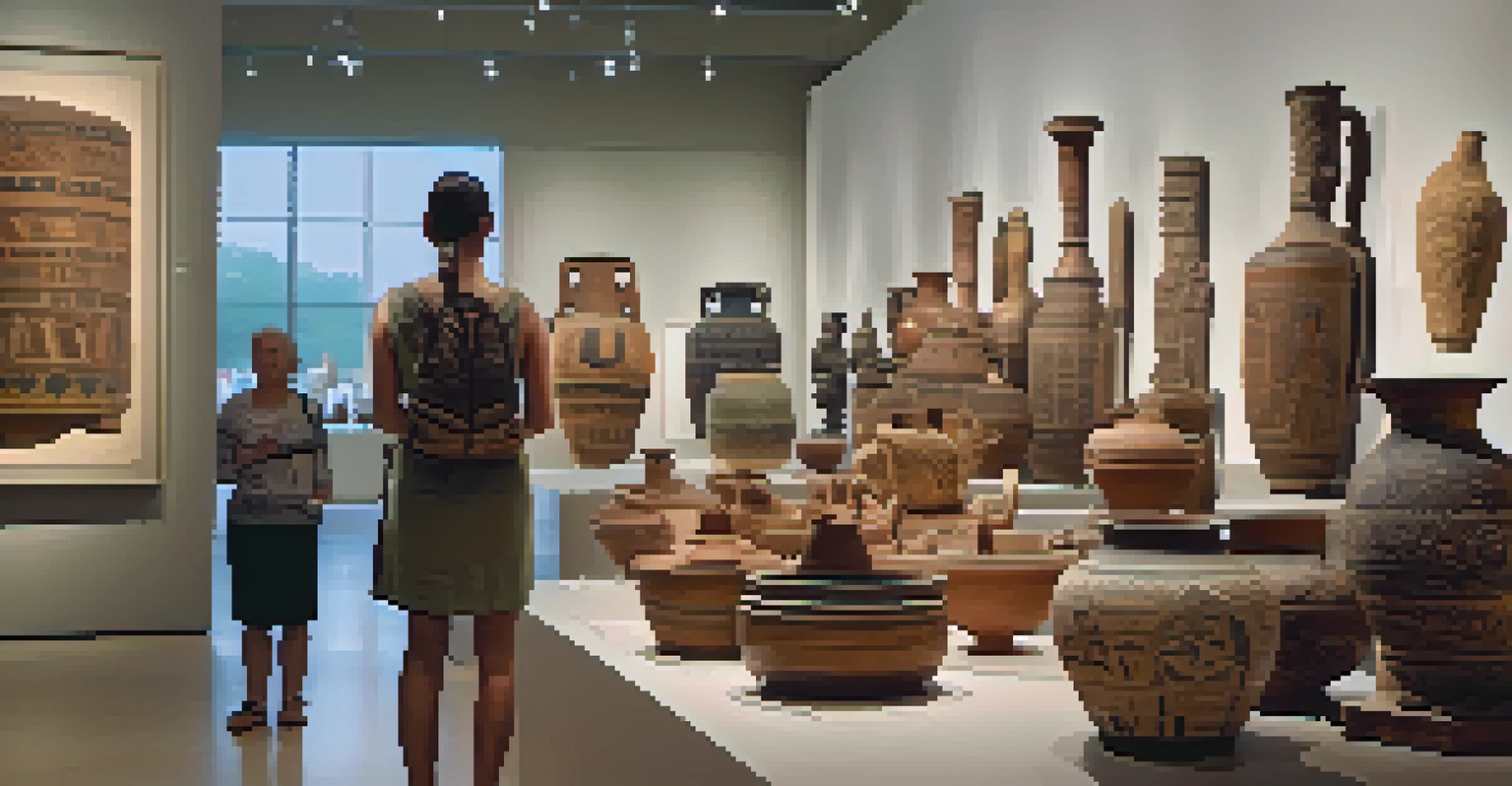 Indoor scene showcasing ancient artifacts in the San Antonio Museum of Art with visitors in the background.