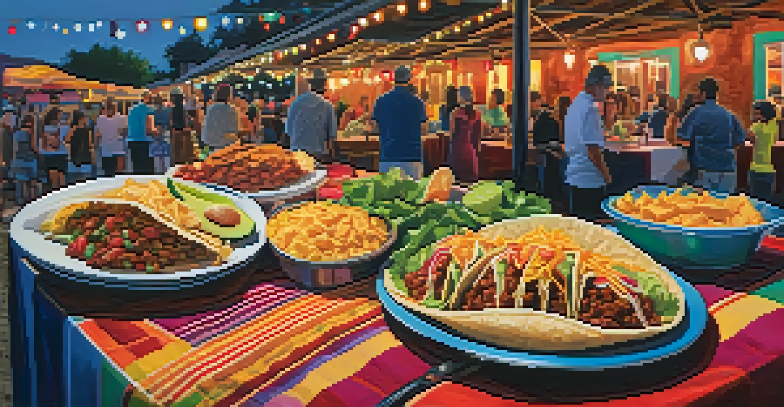 A beautifully arranged table at a food festival in San Antonio with various local dishes and a lively atmosphere.
