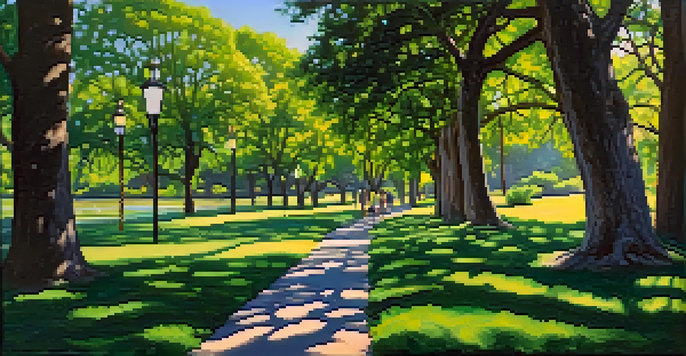 A peaceful park scene with tall trees and a winding river path, illuminated by sunlight.