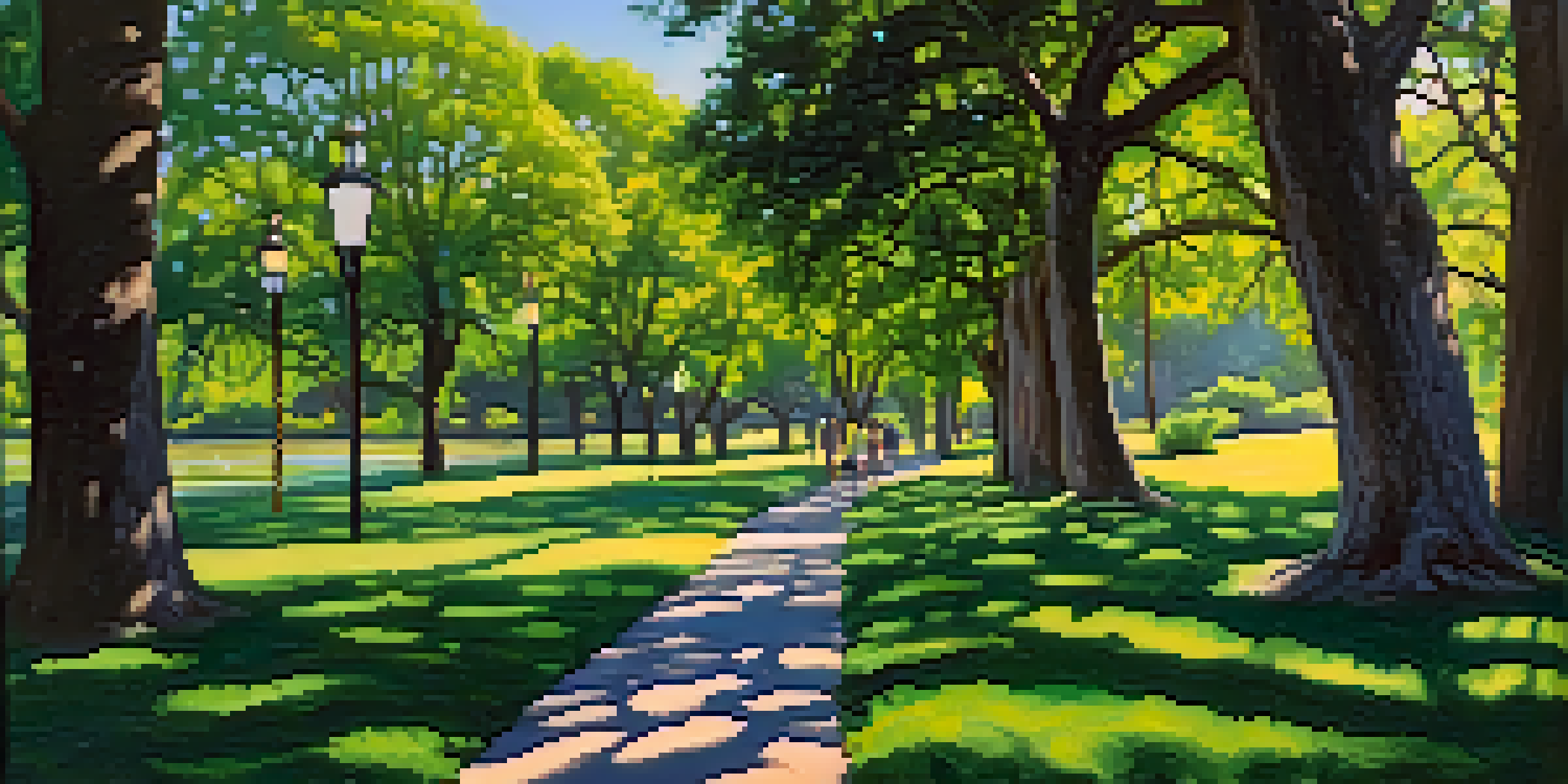 A peaceful park scene with tall trees and a winding river path, illuminated by sunlight.