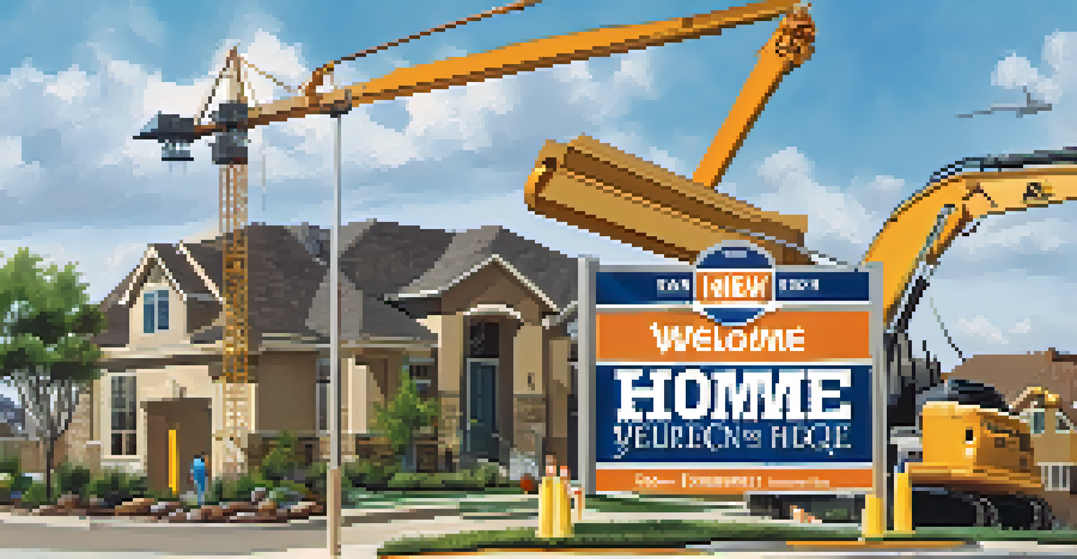 Close-up of a 'Welcome Home' sign at a housing development site in San Antonio with construction workers and equipment.