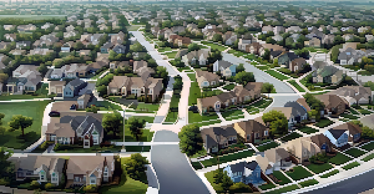 Aerial view of a suburban neighborhood in San Antonio, showcasing various housing types and families in parks.