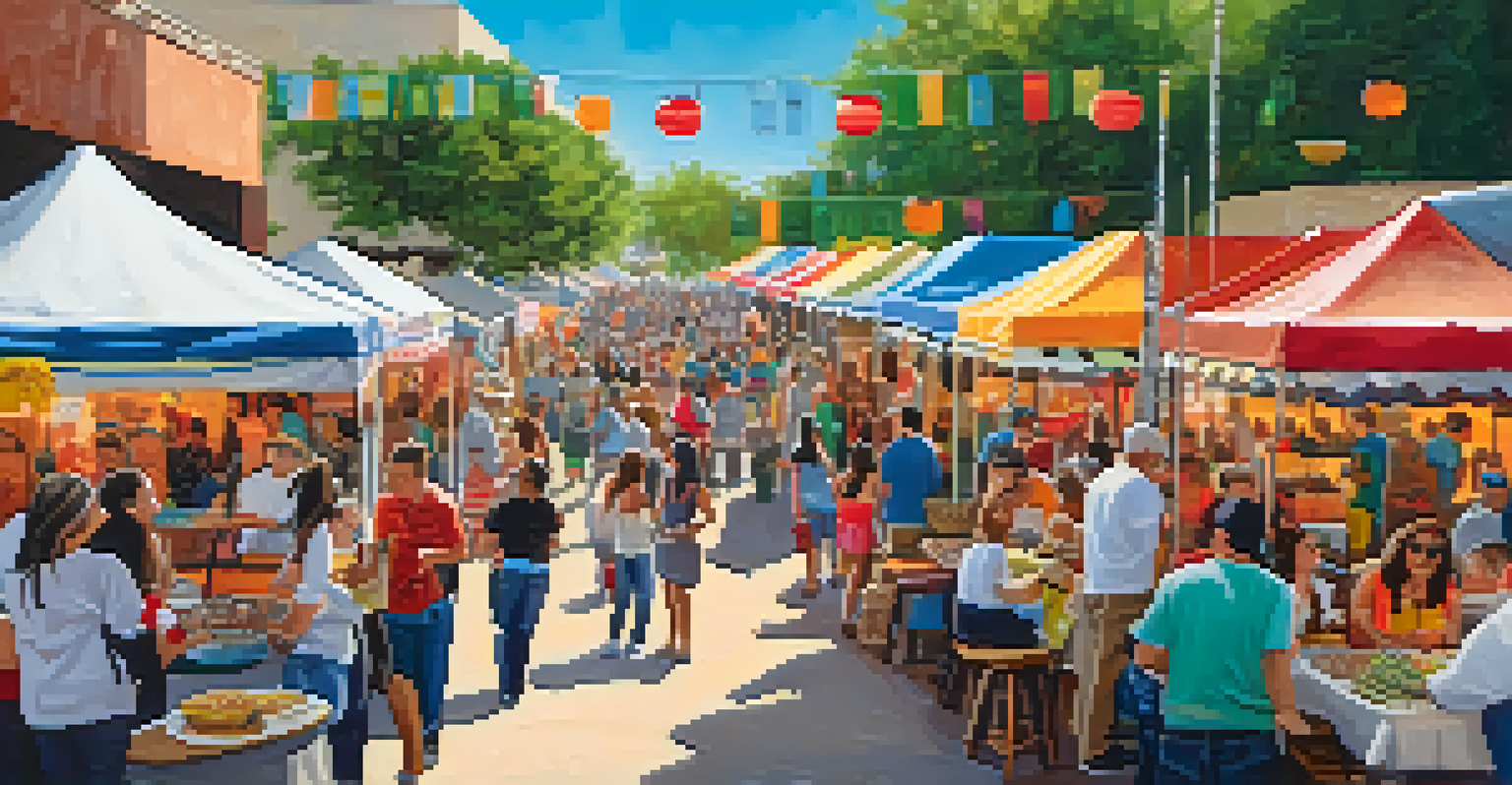 A lively food festival with various stalls offering Tex-Mex cuisine and attendees enjoying food and music in San Antonio.