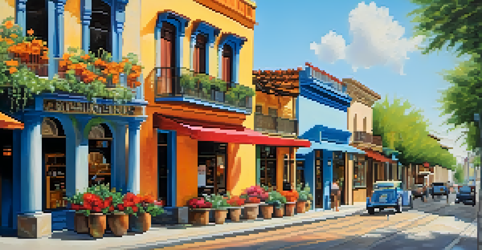 A lively street view of La Villita with adobe buildings, shops, and colorful flowers, capturing the vibrant atmosphere of the historic district.