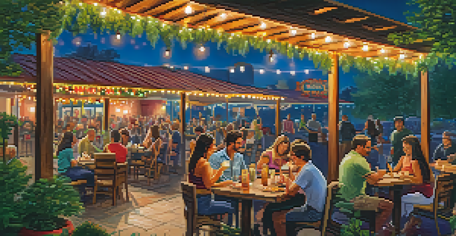 Outdoor dining area of a Tex-Mex restaurant with patrons and festive decorations.