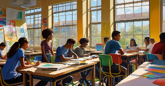 A lively classroom with diverse students working together on a project, surrounded by educational materials and bright sunlight.