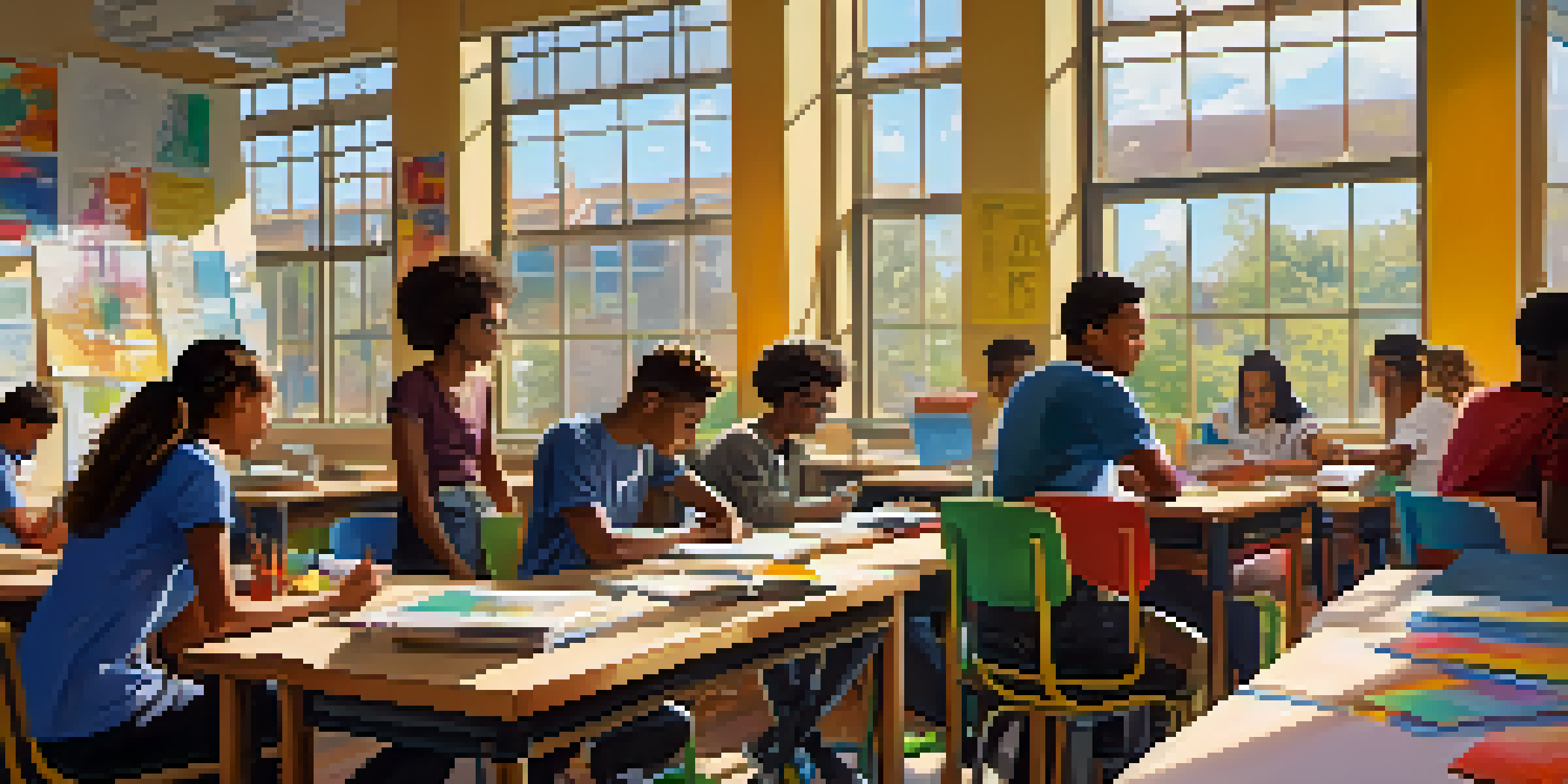 A lively classroom with diverse students working together on a project, surrounded by educational materials and bright sunlight.