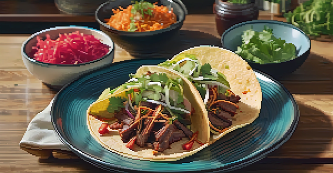 A fusion taco filled with brisket and kimchi, beautifully plated with vibrant colors.