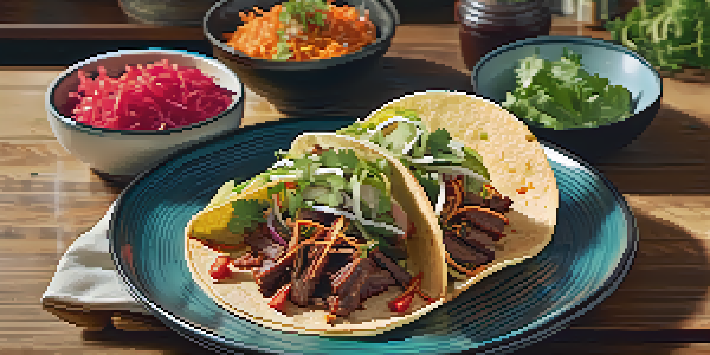 A fusion taco filled with brisket and kimchi, beautifully plated with vibrant colors.