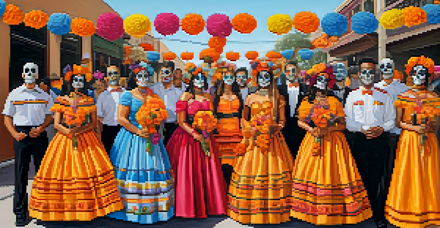 A lively Dia de los Muertos celebration with decorated altars and participants in traditional attire and face paint.