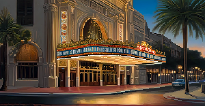 A beautifully lit exterior of the Majestic Theatre, highlighting its Spanish Colonial architecture with intricate details and warm lights.