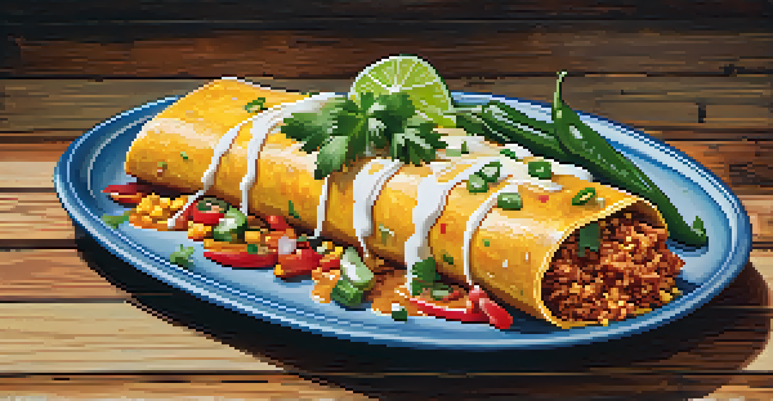 A vibrant plate of enchiladas topped with jalapeños and fresh cilantro on a rustic wooden table.