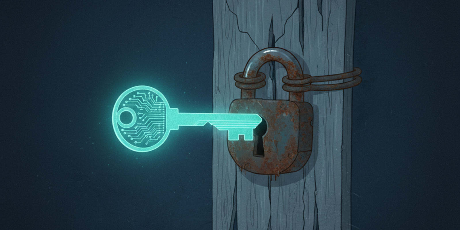 An illustration of a glowing, high-tech key being used to unlock a rusted, insecure padlock, symbolizing a valid DKIM si
