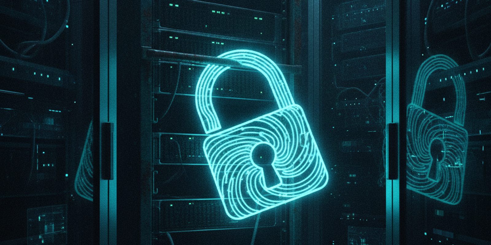 A glowing neon padlock hanging open on an old server rack.