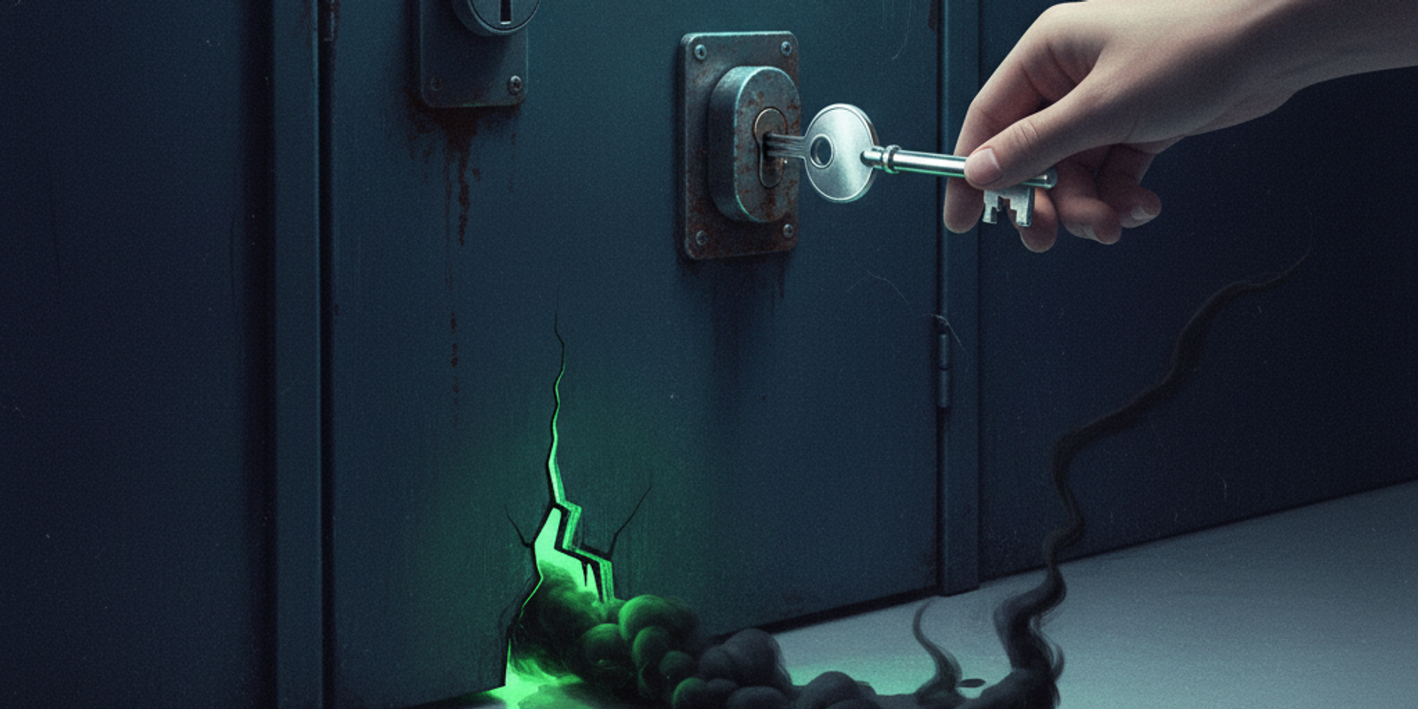 Illustration of a key unlocking a door from which a toxic green glow is escaping, symbolizing the hidden negative reputa