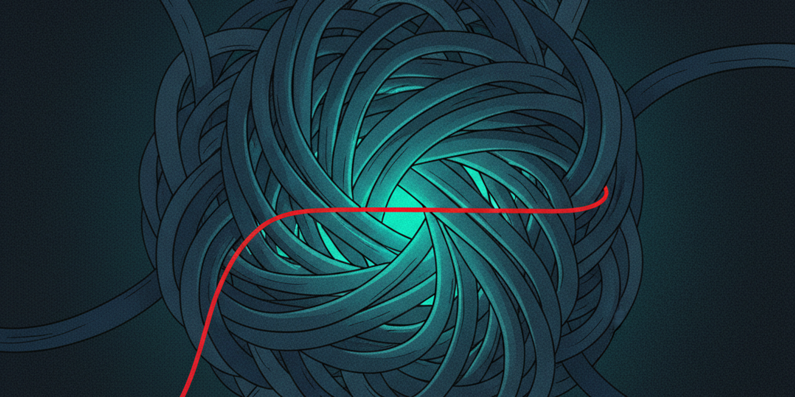 An illustration of a single red wire being pulled from a complex knot of server cables, representing the root cause of a