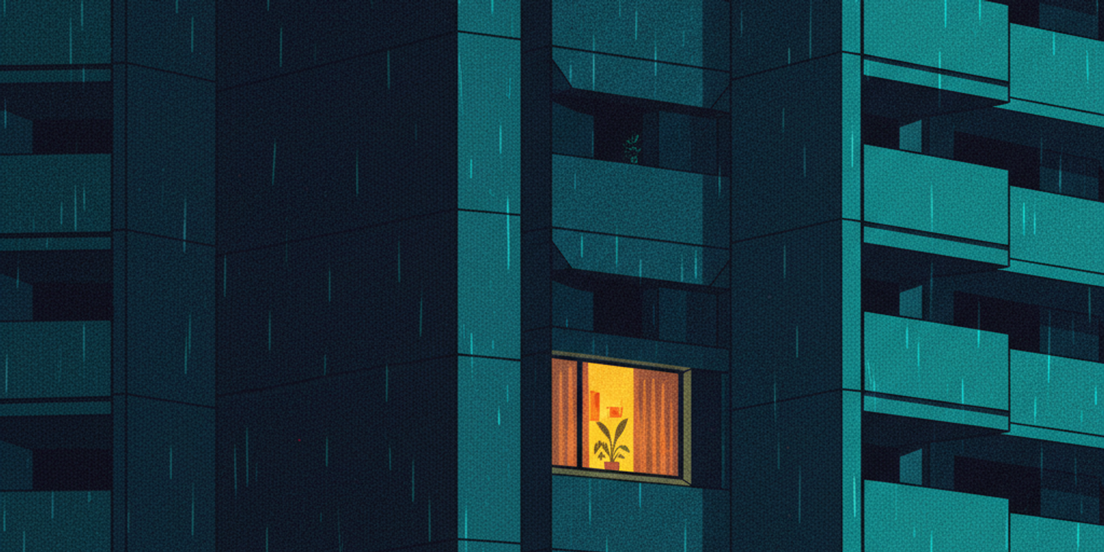 An illustration of a single lit window in a vast, dark apartment building, symbolizing a clean IP address in a dubious h