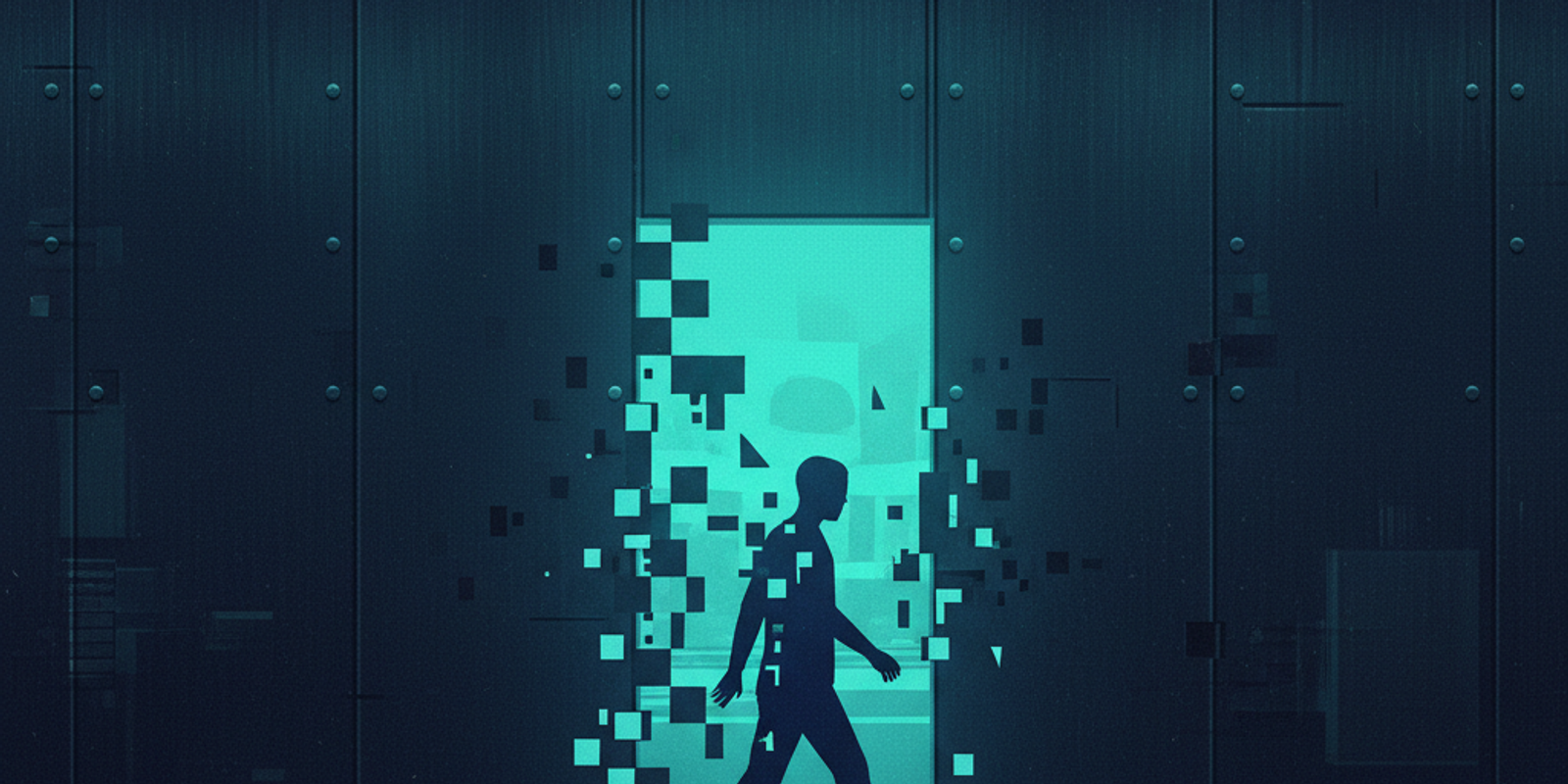 Editorial illustration of a figure passing through a glitched section of a large steel security wall, representing a DMA