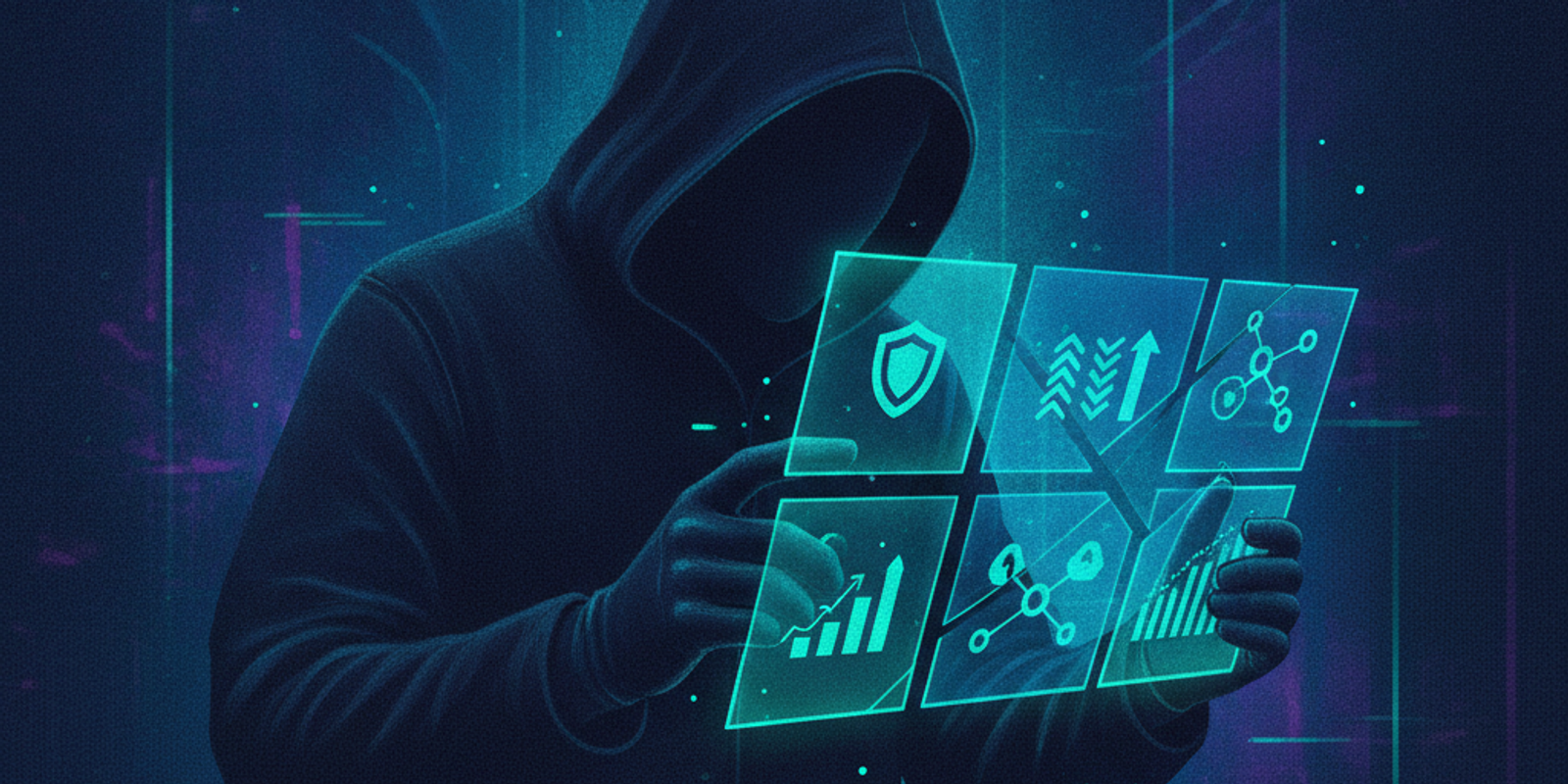 A dark, moody illustration of a person examining a glowing digital scorecard against a dark blue background.
