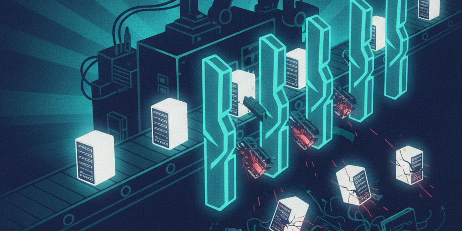 Conceptual illustration of server racks being filtered through a mechanical sorting gate