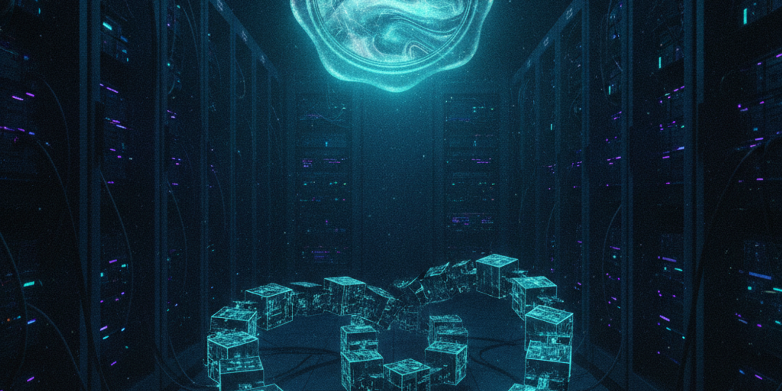 A glowing cryptographic wax seal connected to an illuminated digital chain in a dark server environment