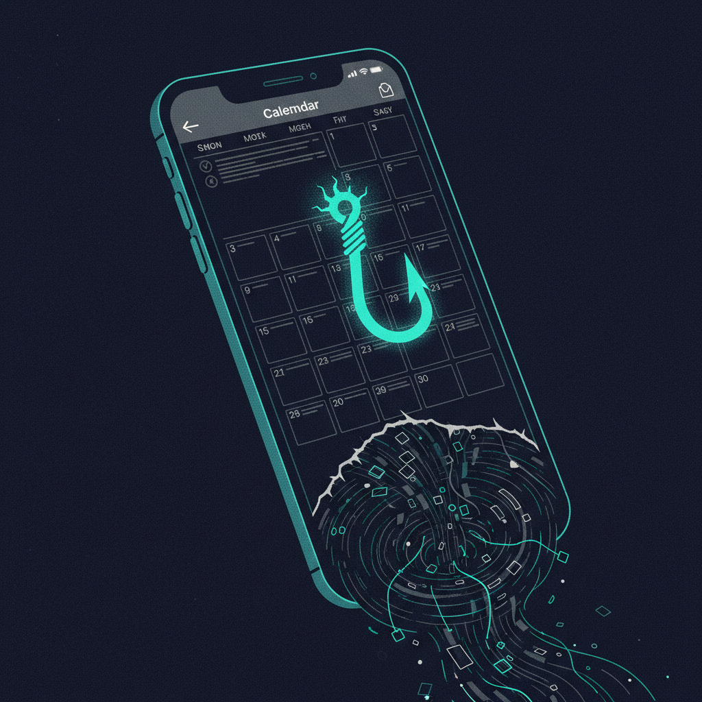 An illustration symbolizing calendar invite phishing, where a malicious calendar event is shaped like a glowing fish hoo