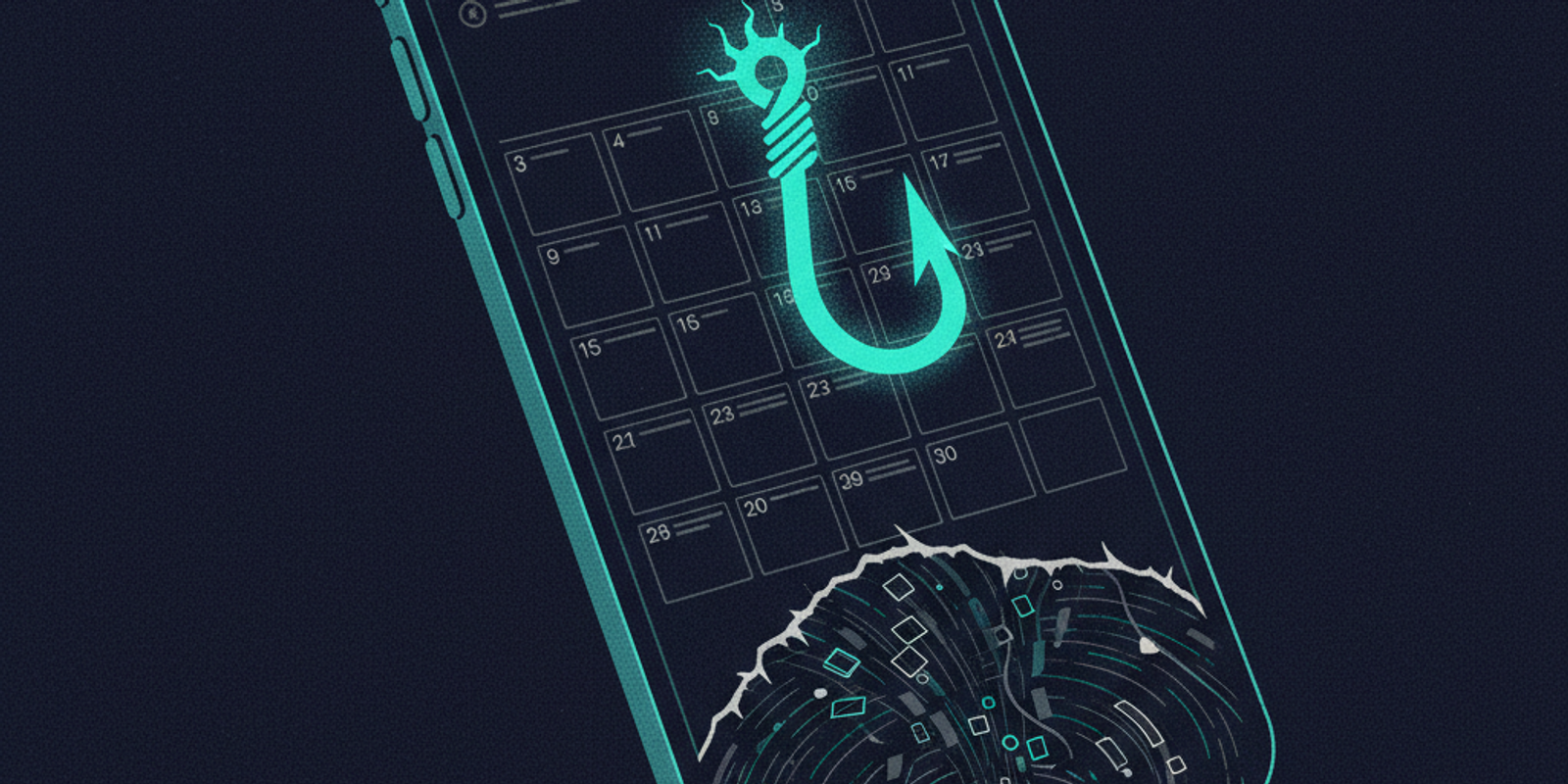 An illustration symbolizing calendar invite phishing, where a malicious calendar event is shaped like a glowing fish hoo