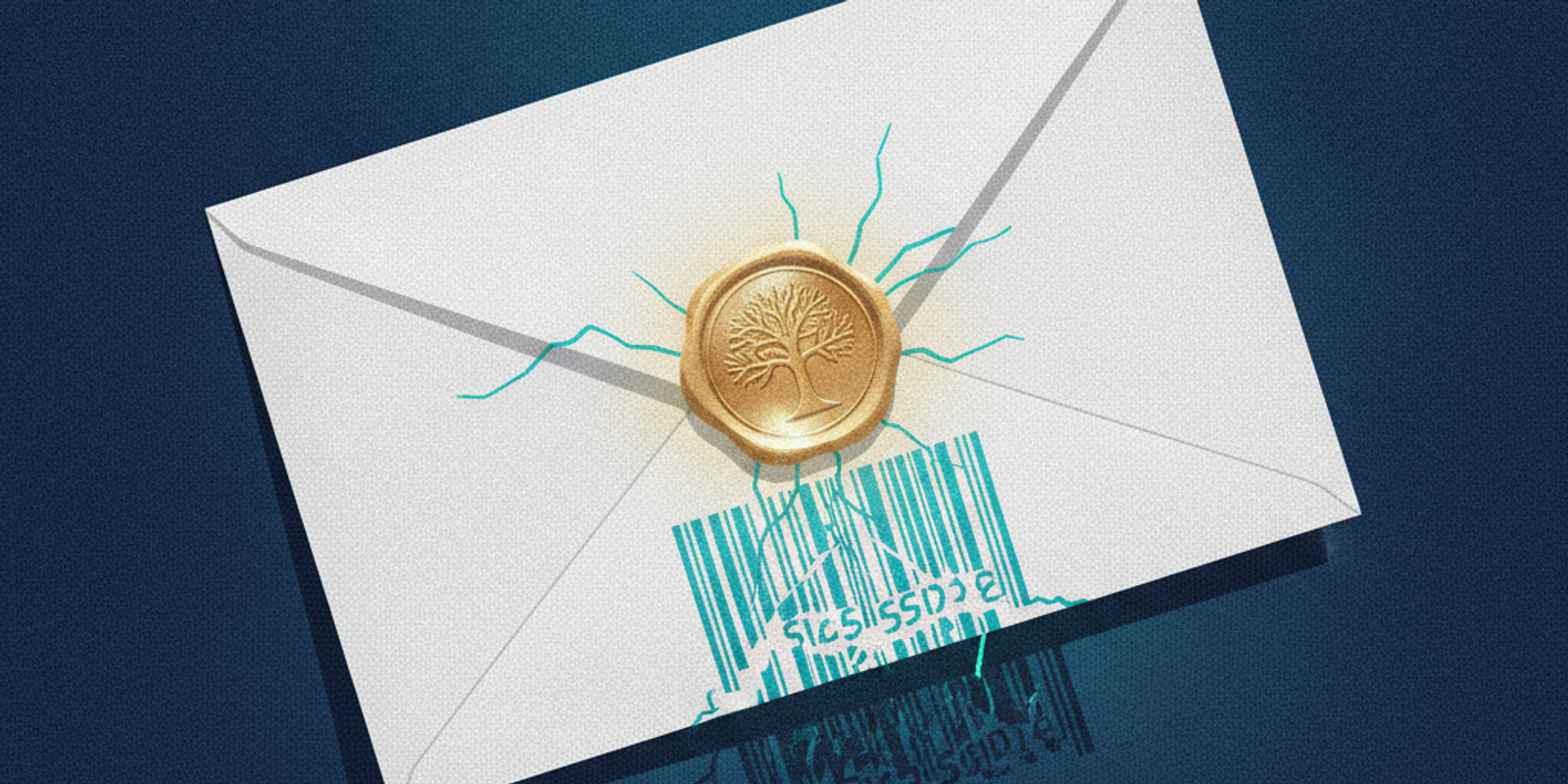 Editorial illustration of a pristine wax seal casting a corrupted, jagged shadow