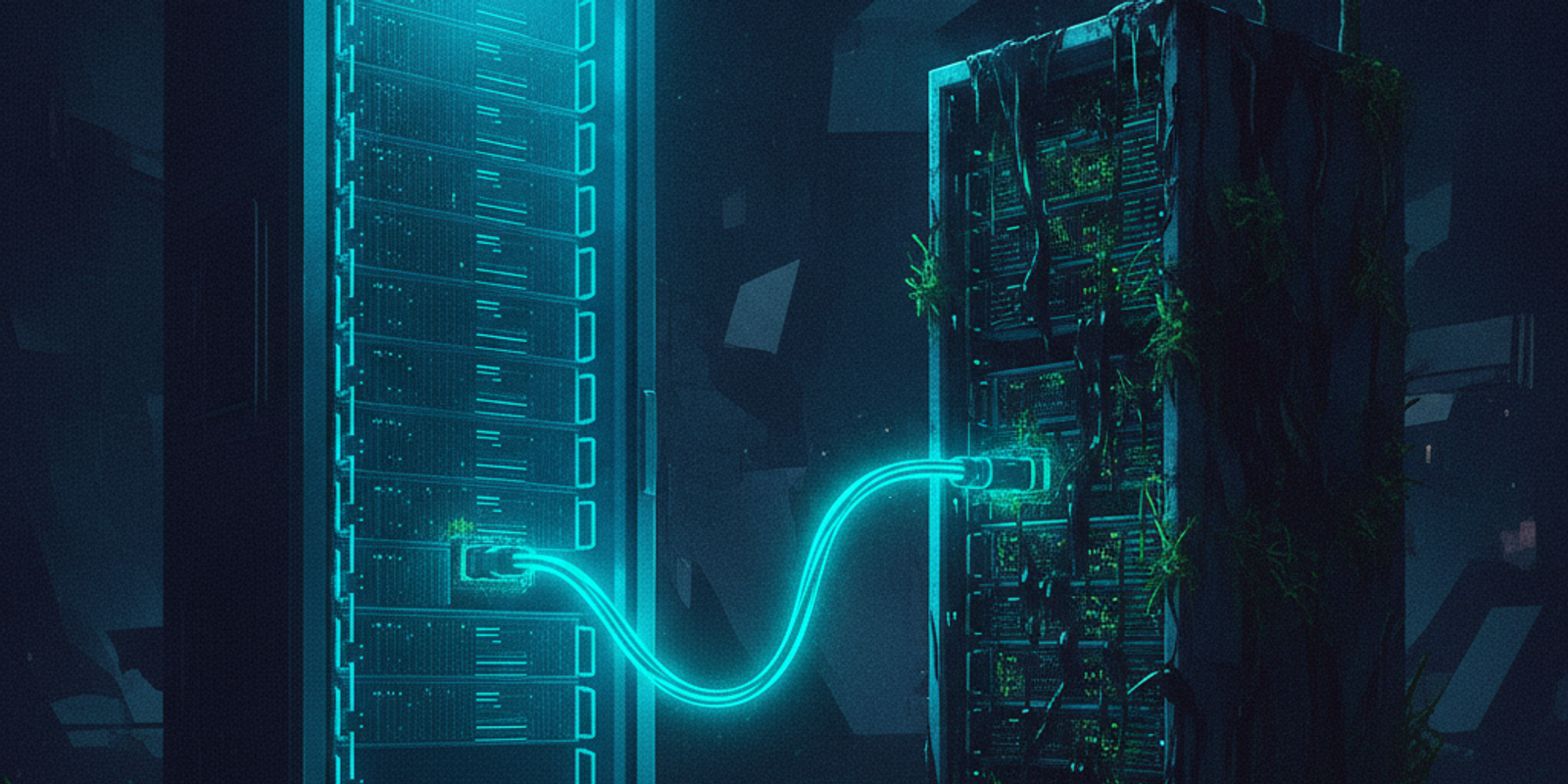 Editorial illustration of a clean server rack being infected by a rusted, decaying server via a single connecting cable.