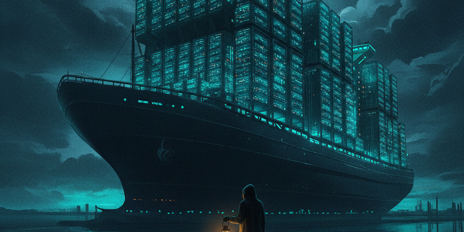 A towering cargo ship made of servers being inspected by a figure with a lantern on a dark dock.