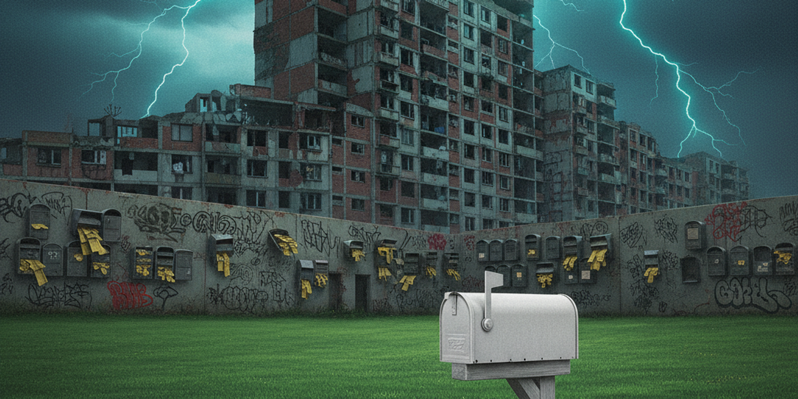 A clean white mailbox symbolizing a good domain reputation, contrasted with a chaotic apartment complex representing a b