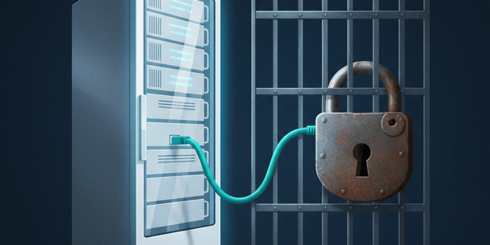Illustration of a server with a clean data cable blocked by a rusty lock, symbolizing how a bad URL blocks email despite