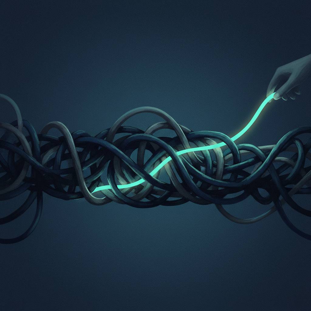 An editorial illustration showing a single bright teal wire being pulled straight and untangled from a large, dark, mess
