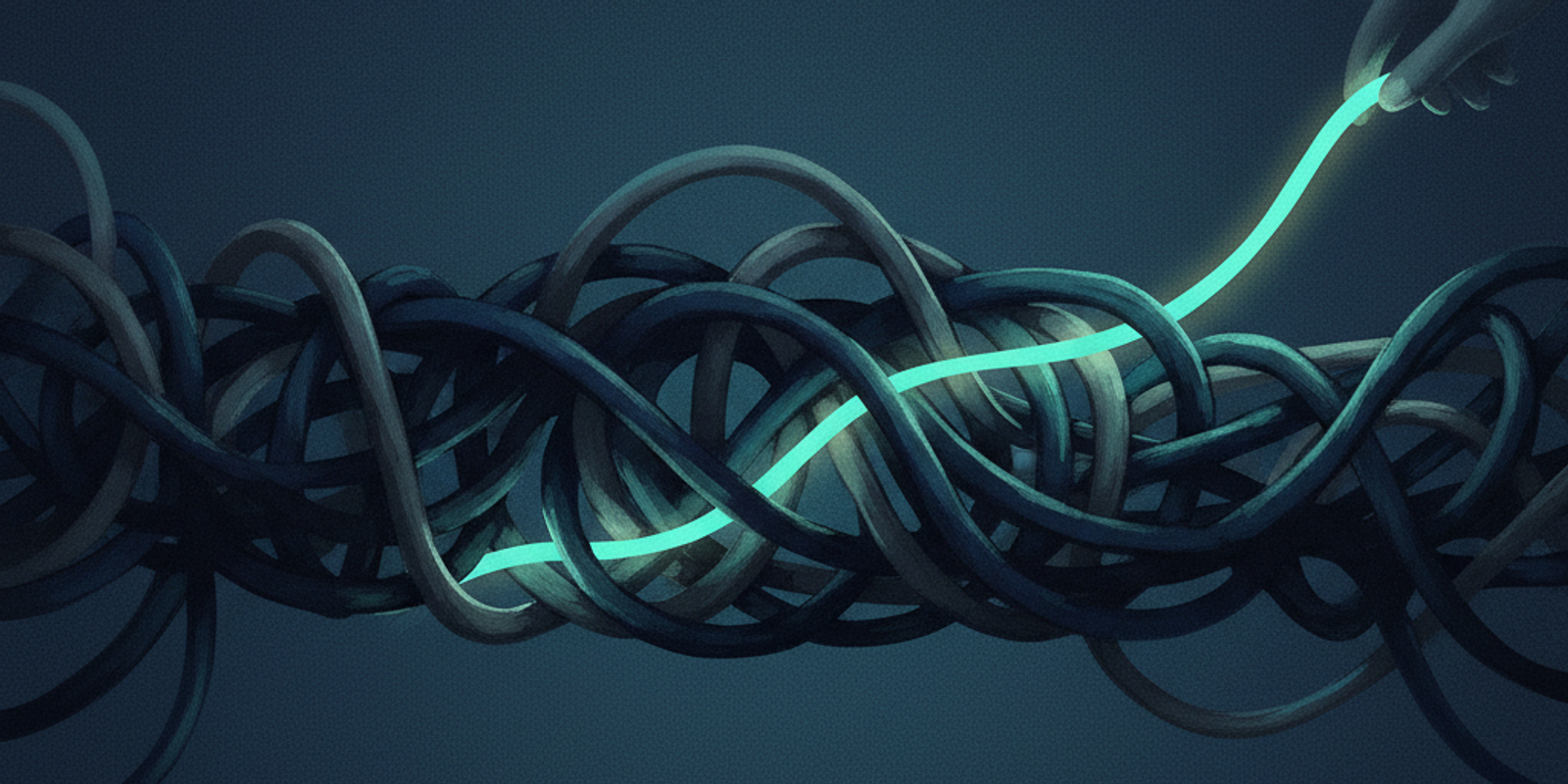 An editorial illustration showing a single bright teal wire being pulled straight and untangled from a large, dark, mess