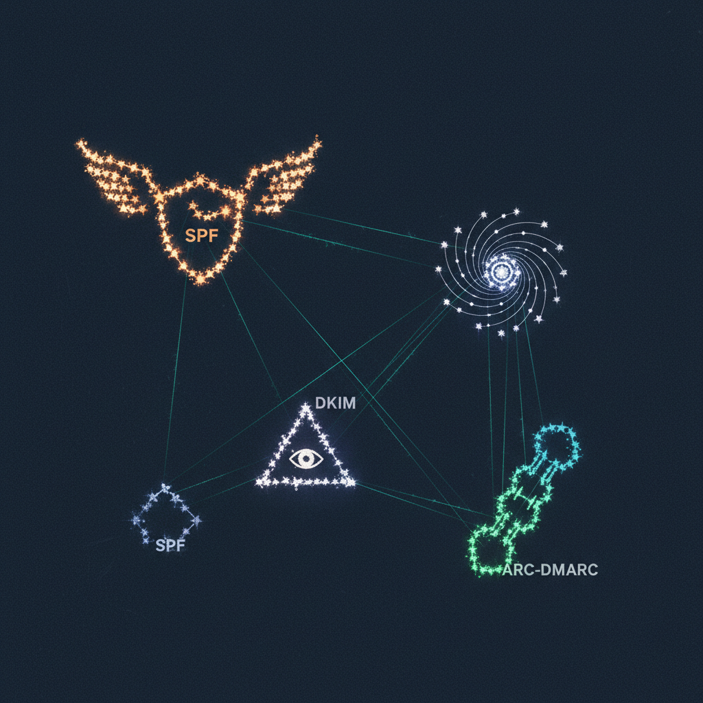 An abstract editorial illustration showing email authentication protocols like SPF, DKIM, and ARC connected like constel
