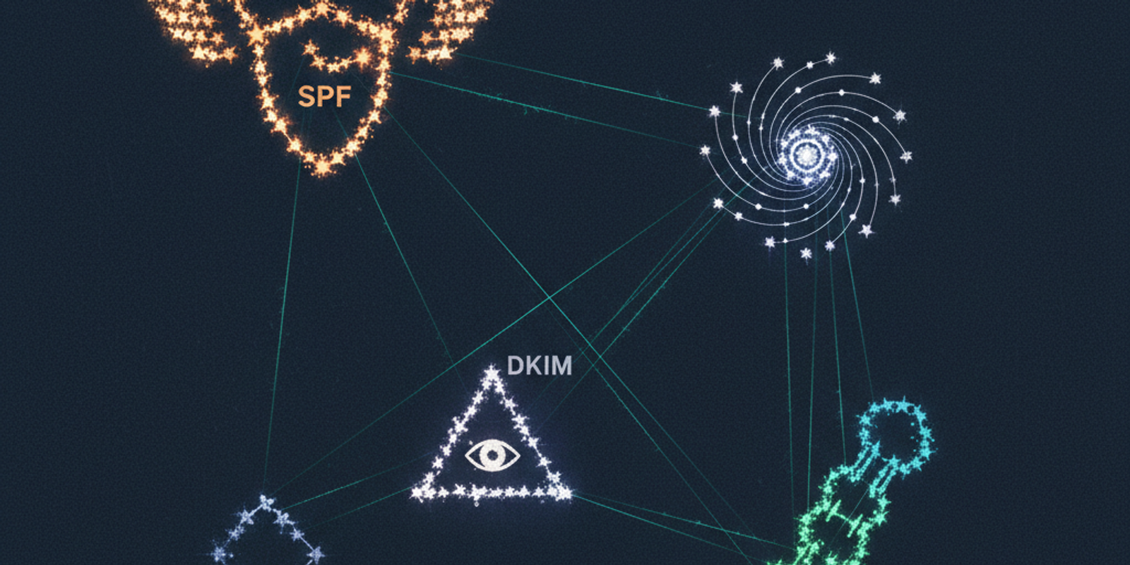 An abstract editorial illustration showing email authentication protocols like SPF, DKIM, and ARC connected like constel