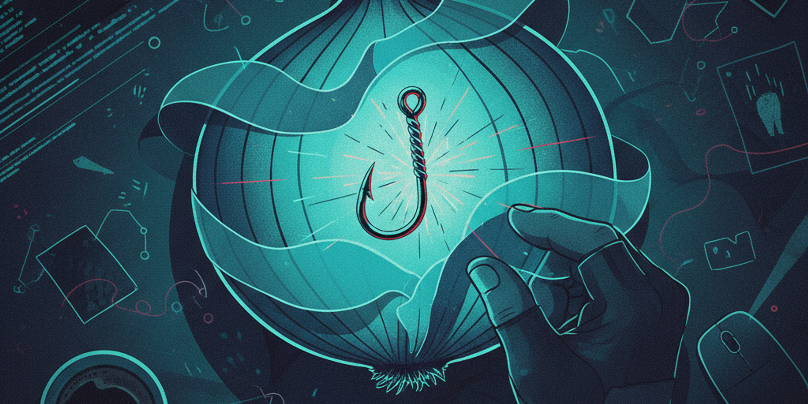 An illustration of a hand peeling an onion on a desk, revealing a glowing phishing hook at its core, symbolizing a deep