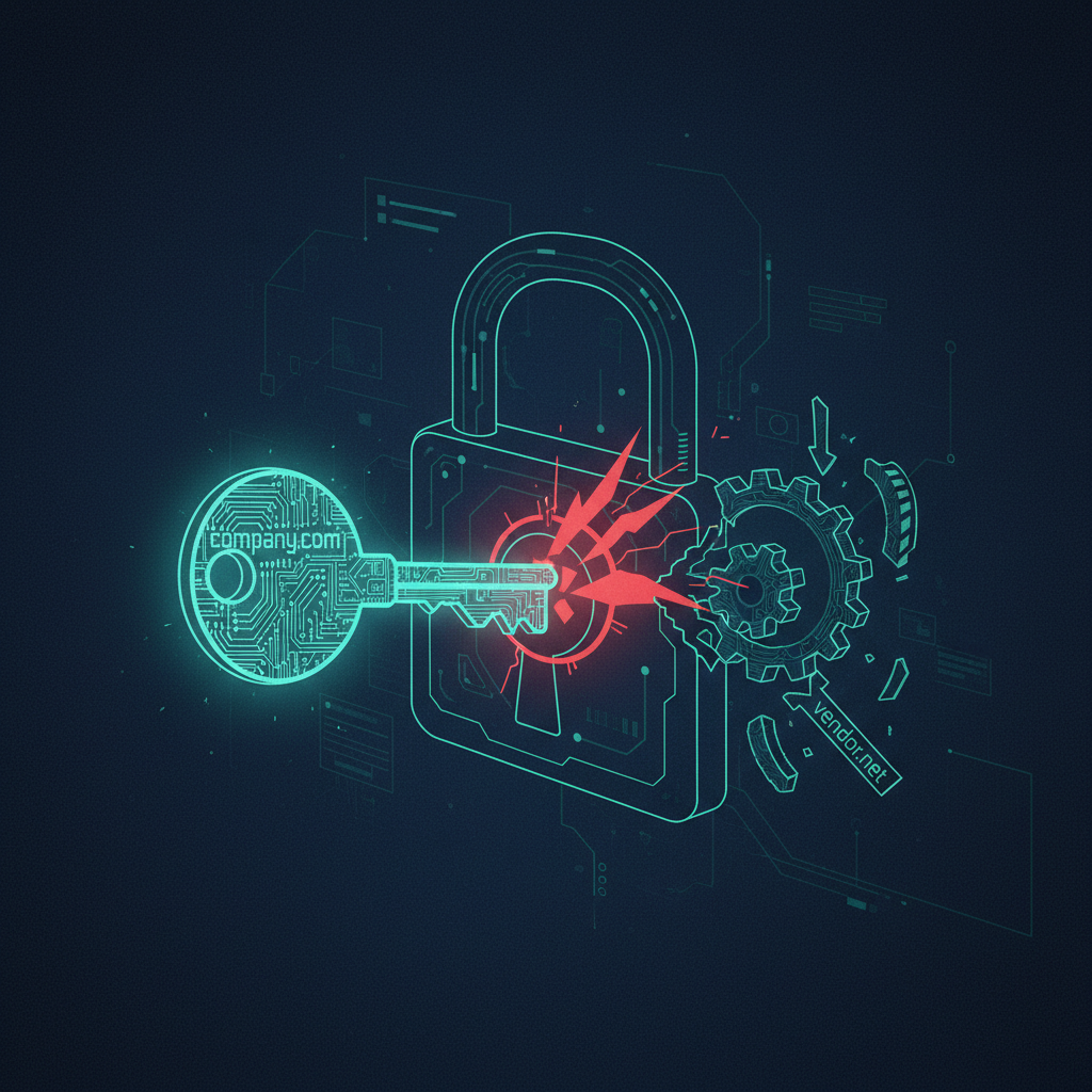 An illustration of a key representing a company's domain failing to turn a lock because of a mismatched gear representin