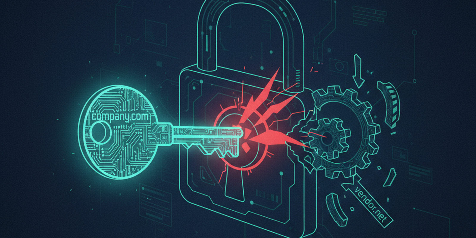 An illustration of a key representing a company's domain failing to turn a lock because of a mismatched gear representin
