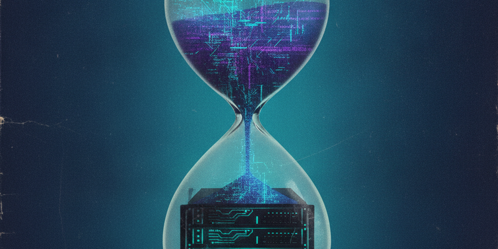 Digital hourglass dripping glowing code into a server rack, illustrating the concept of aging infrastructure.