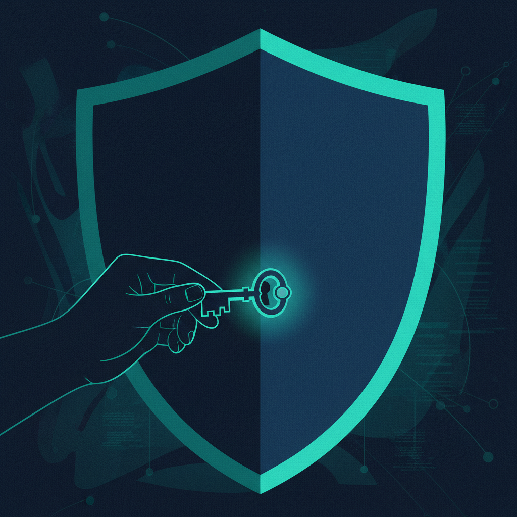 An illustration of a corporate shield with a small keyhole being unlocked by a shadowy figure, symbolizing a DMARC relax