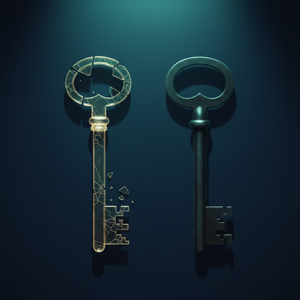 An illustration comparing email spoofing and impersonation with two keys. One key is made of cracked glass; the other is