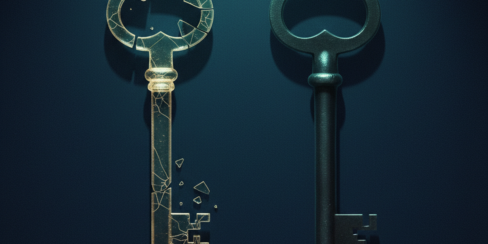 An illustration comparing email spoofing and impersonation with two keys. One key is made of cracked glass; the other is