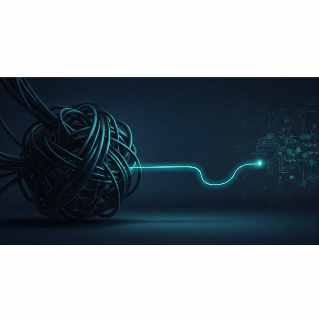 An abstract illustration of a single glowing thread being unraveled from a complex, dark knot, representing an OSINT inv