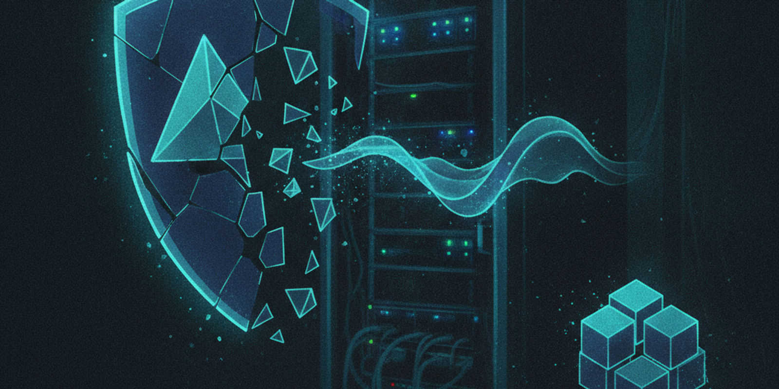 A fragmented holographic shield fracturing into three distinct shapes against a dark server background.