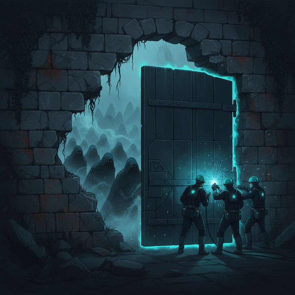 Illustration of a broken wall being repaired with a strong steel gate, symbolizing fixing a DMARC policy from p=none to 