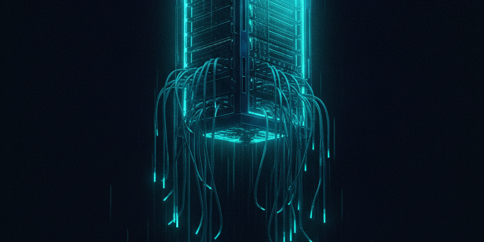 A glowing teal server rack with disconnected cables sitting in a dark navy void.
