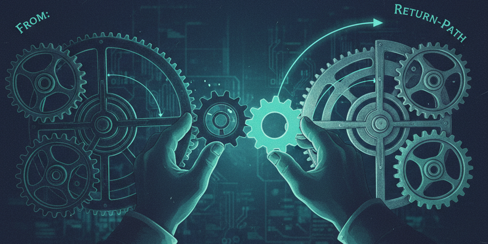 An illustration showing two misaligned gears being connected by a third, representing DMARC strict alignment of email he